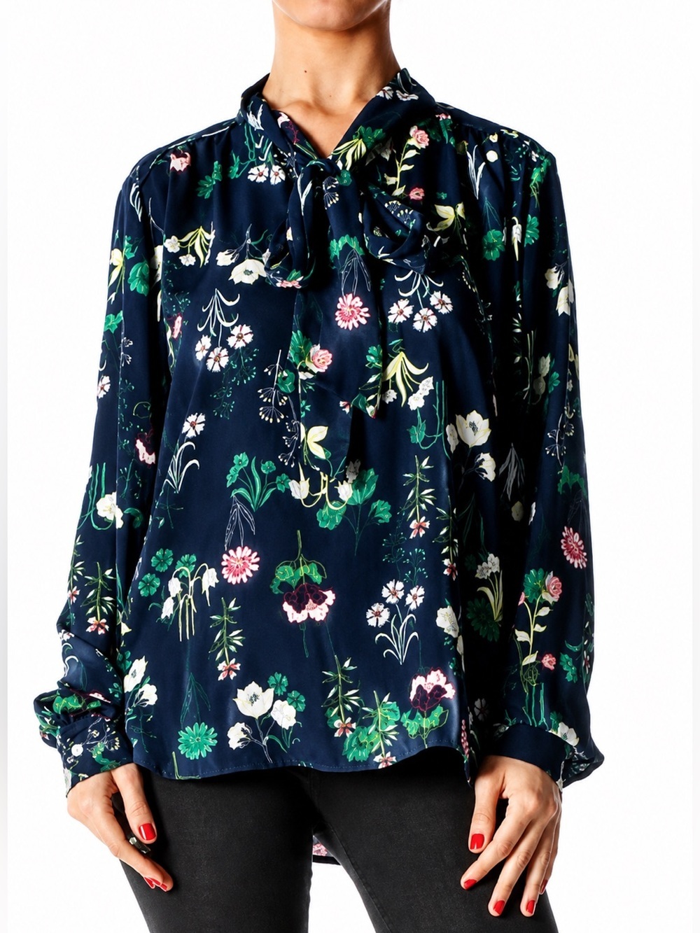 LOFT Navy Floral Bow Neck Blouse Long Sleeve Botanical Print Career Office Top M